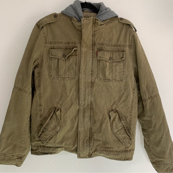 Levi’s Hooded Cotton Canvas Military Trucker Jacket Tan Work Outdoor Layered M - Picture 6 of 16